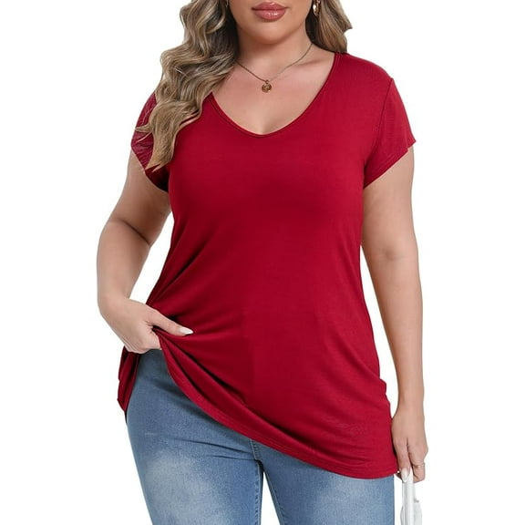 Gocolloa Plus Size Tops for Women Basic Cap Sleeve V Neck T Shirts Summer Casual Loose Dressy Tunic Wine Red 2X