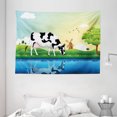 thumbnail image 1 of Cattle Tapestry, Graphic Design Grazing Cow in the Field with Trees Near Lake and Windmill Pattern, Wall Hanging for Bedroom Living Room Dorm Decor, 80W X 60L Inches, Multicolor, by Ambesonne, 1 of 2
