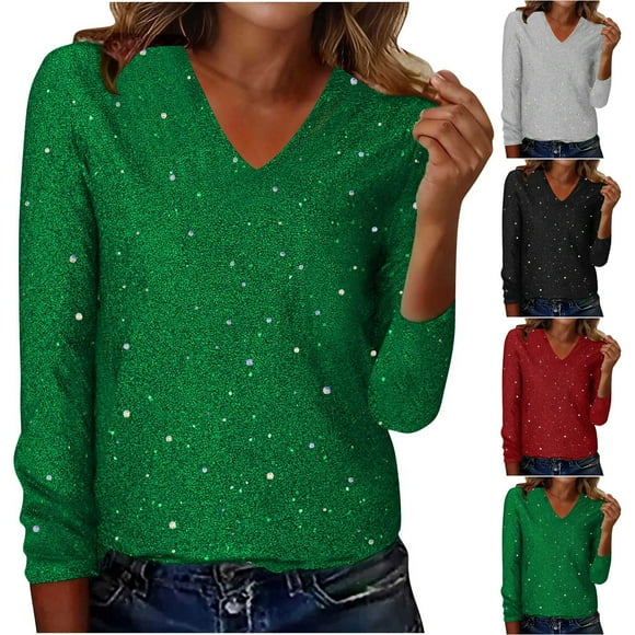 VKOYWKM Hauts en Velours à Paillettes pour Femmes Vintage à Col en V Chemises à Manches Longues Blouses en Velours Douces et Confortables Blouse de Soirée Patriotique