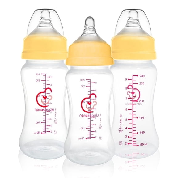 Nenesupply Natural Baby Bottles Newborn Feeding Bottles 1-3 Months Slow Flow Breastfeeding Bottle for Breastfed Babies Wide Neck 9oz Anti Colic Level 2 Nipple for 1 Month Infant W with Spectra Parts