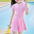 thumbnail image 2 of Qingpeng Teen Girls One Piece Short Sleeve Swim Dress Rash Guard Bathing Suit Skirted Zip Front Swimwear, 2 of 5