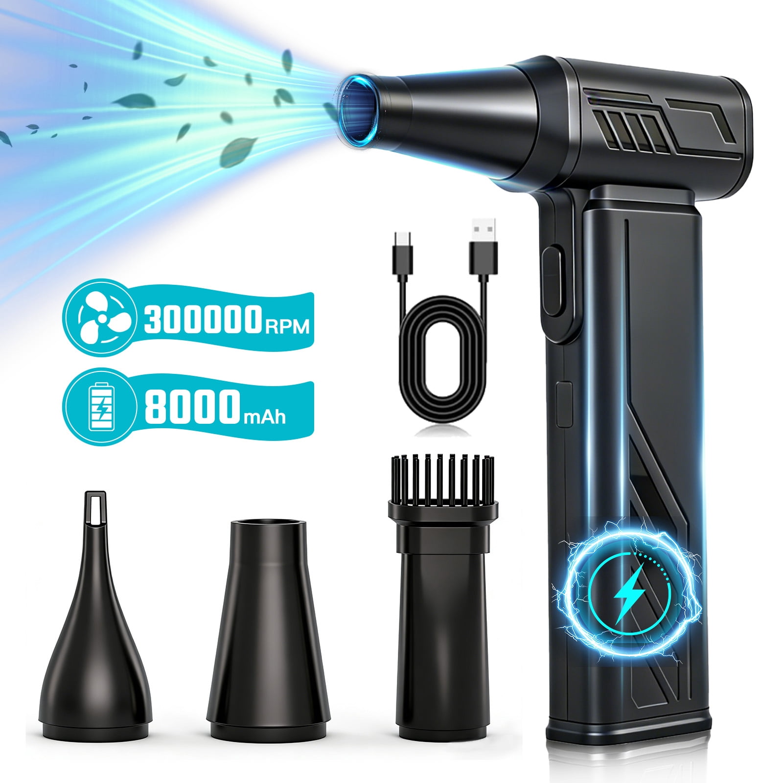 300000RPM Compressed Air Duster, 8000mAh Electric Dust Blower with Brushless Motor, 5-Speed Adjustable Rechargeable Air Duster for Computer, Keyboard, Car, Home Cleaning