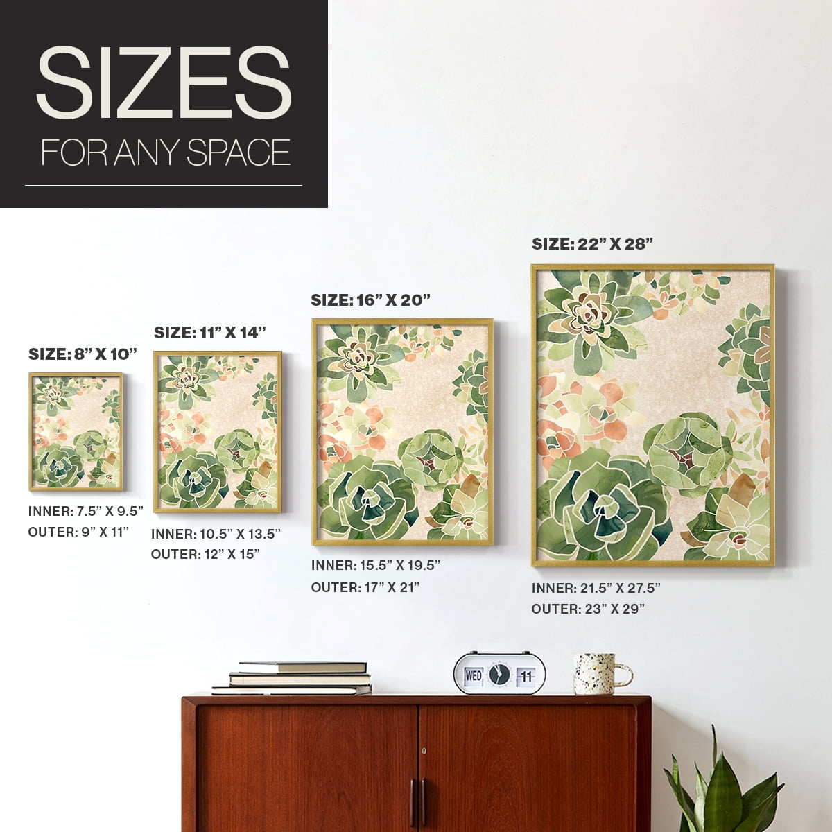 Stained Glass Succulents I Framed Print in Gold Solid Wood Framed Print No Nail Hanging