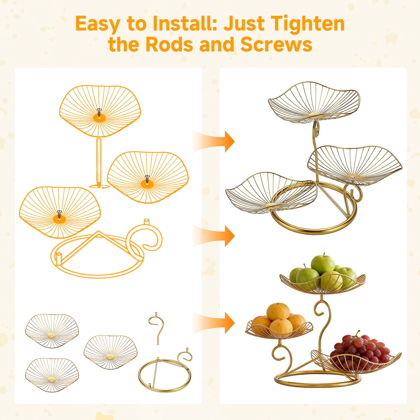 3-Tier Fruit Basket,Detachable Metal Fruit Vegetable Organizer Stand  for Kitchen Counter, Bread, Snacks, Utensils, Gold