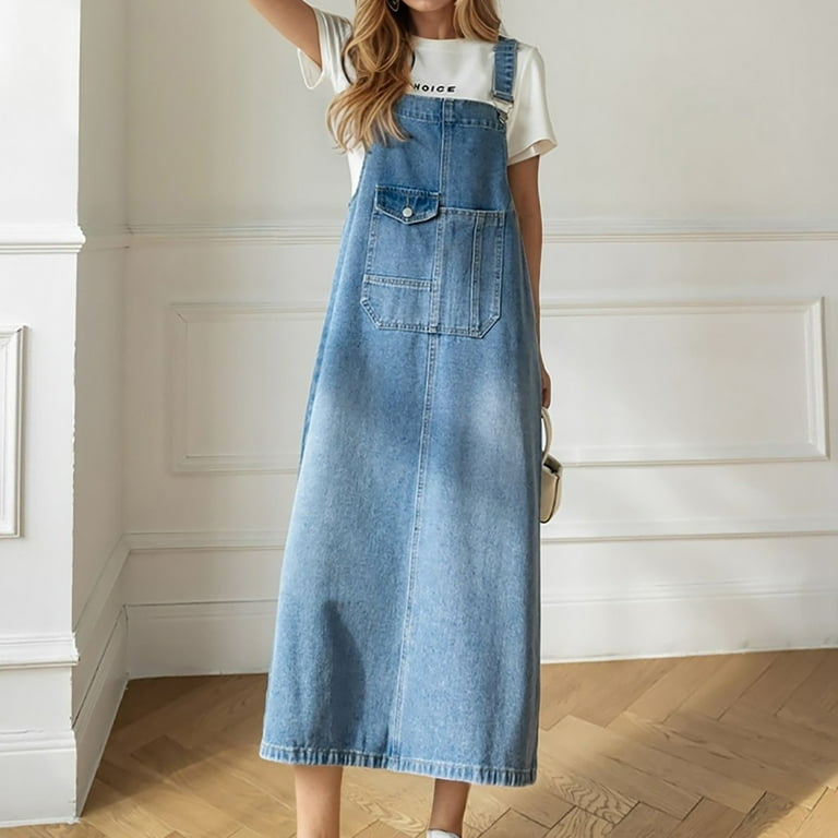 denim overall dress walmart Denim Overall Dress for Women Summer Loose Casual Adjustable Strap A Line  Midi Jean Dress
