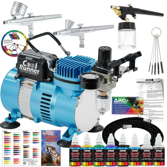 Master Airbrush Cool Runner II Dual Fan Air Compressor Professional Airbrushing System Kit with 3 Airbrushes, Gravity and Siphon Feed - 6 Primary Opaque Colors Acrylic Paint Artist Set - How to Guide