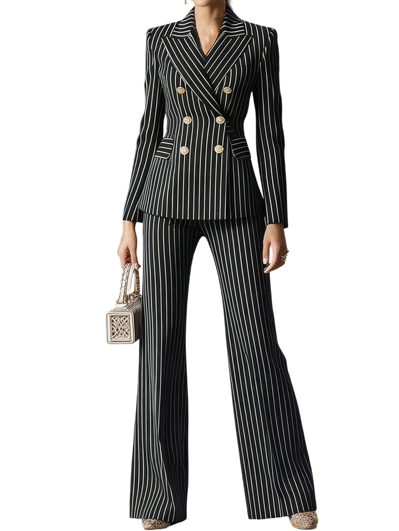 Elegant Women'S Stripe Suit with Double Breasted Buttons Jacket