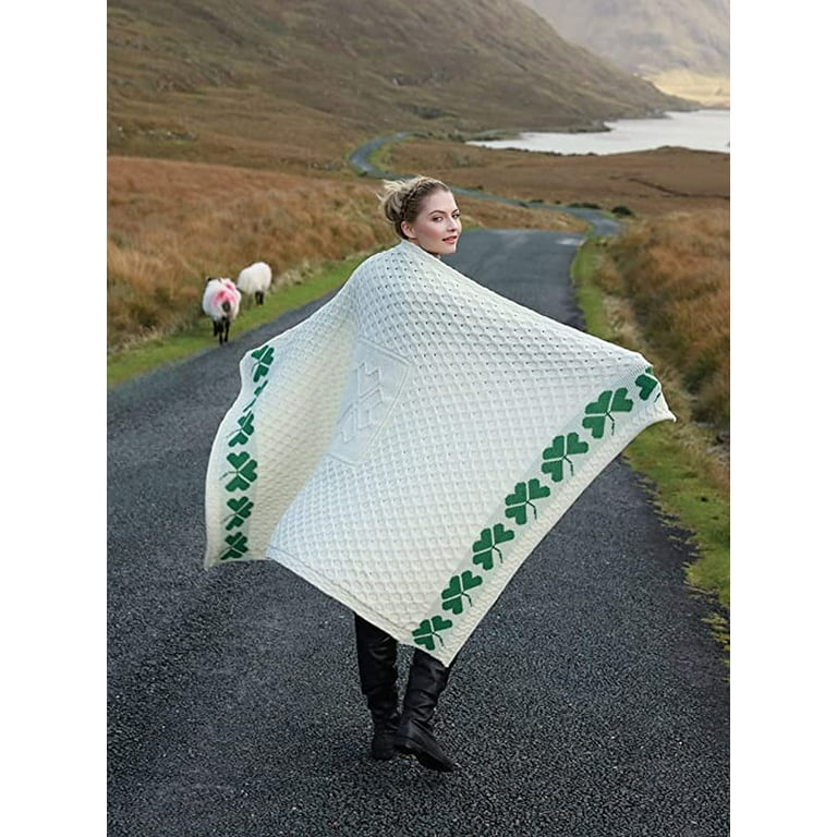 Aran Shamrock Irish Throw Blanket 100 Merino Wool Cable Knitted