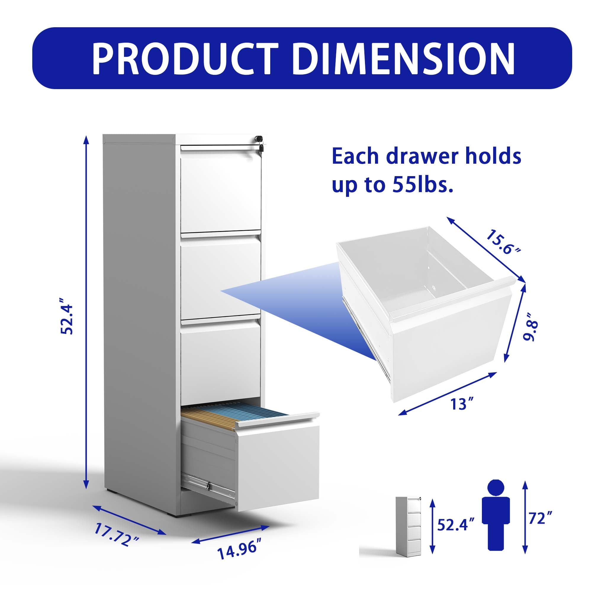 4 Drawer File Cabinet, Metal Filing Cabinets With Lock For A4/Letter/Legal Size File, Steel Vertical File Storage Cabinet For Home Office, Easy Assembly