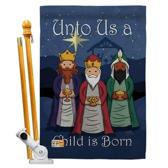 Breeze Decor BD-NT-HS-114129-IP-BO-D-US16-BD 28 x 40 in. Child is Born Winter Nativity Impressions Decorative Vertical Double Sided House Flag Set with Pole Bracket & Hardware