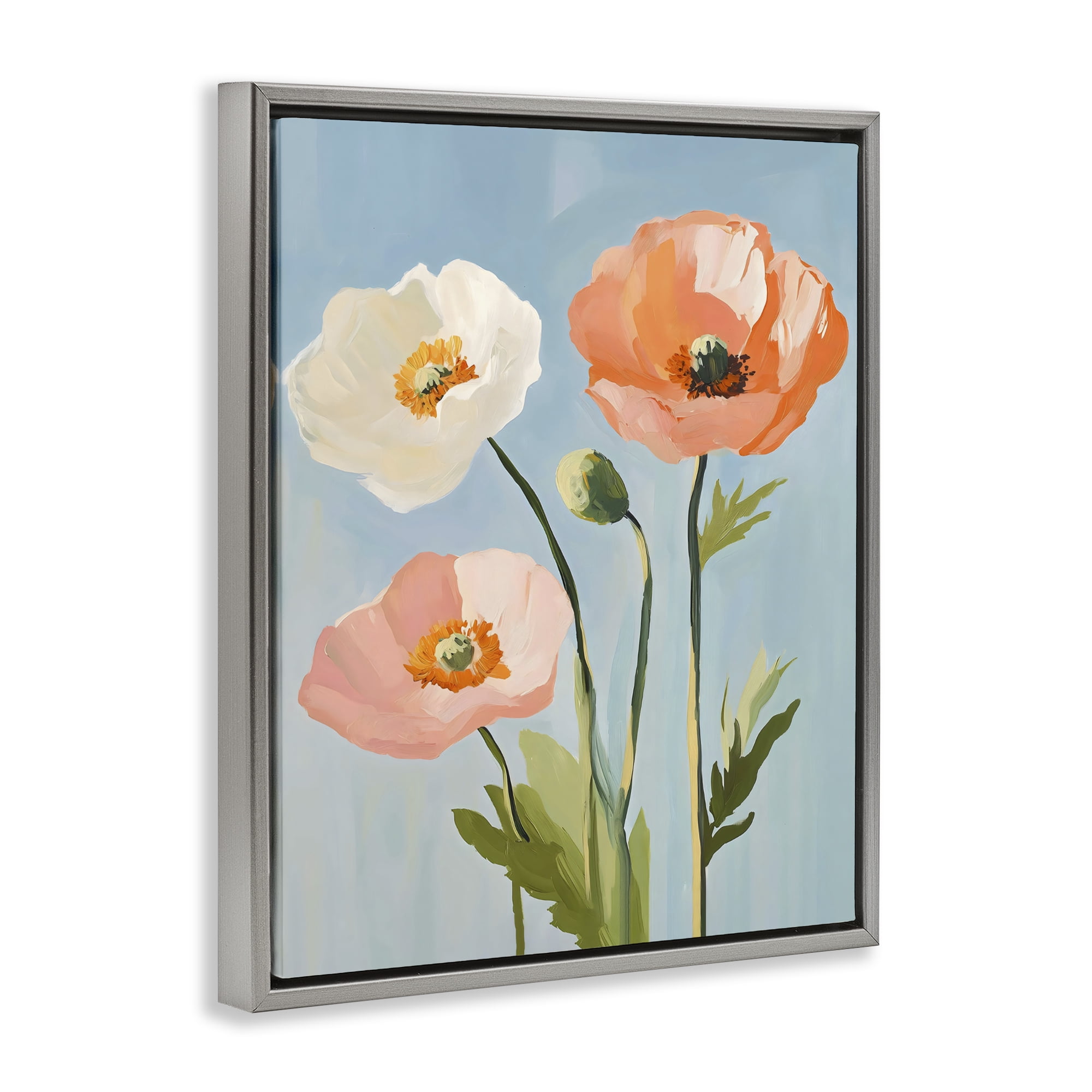 Stupell Industries Pastel Poppy Blooming Trio Gray Framed Floater Canvas Wall Art, design by The Prints Vibe