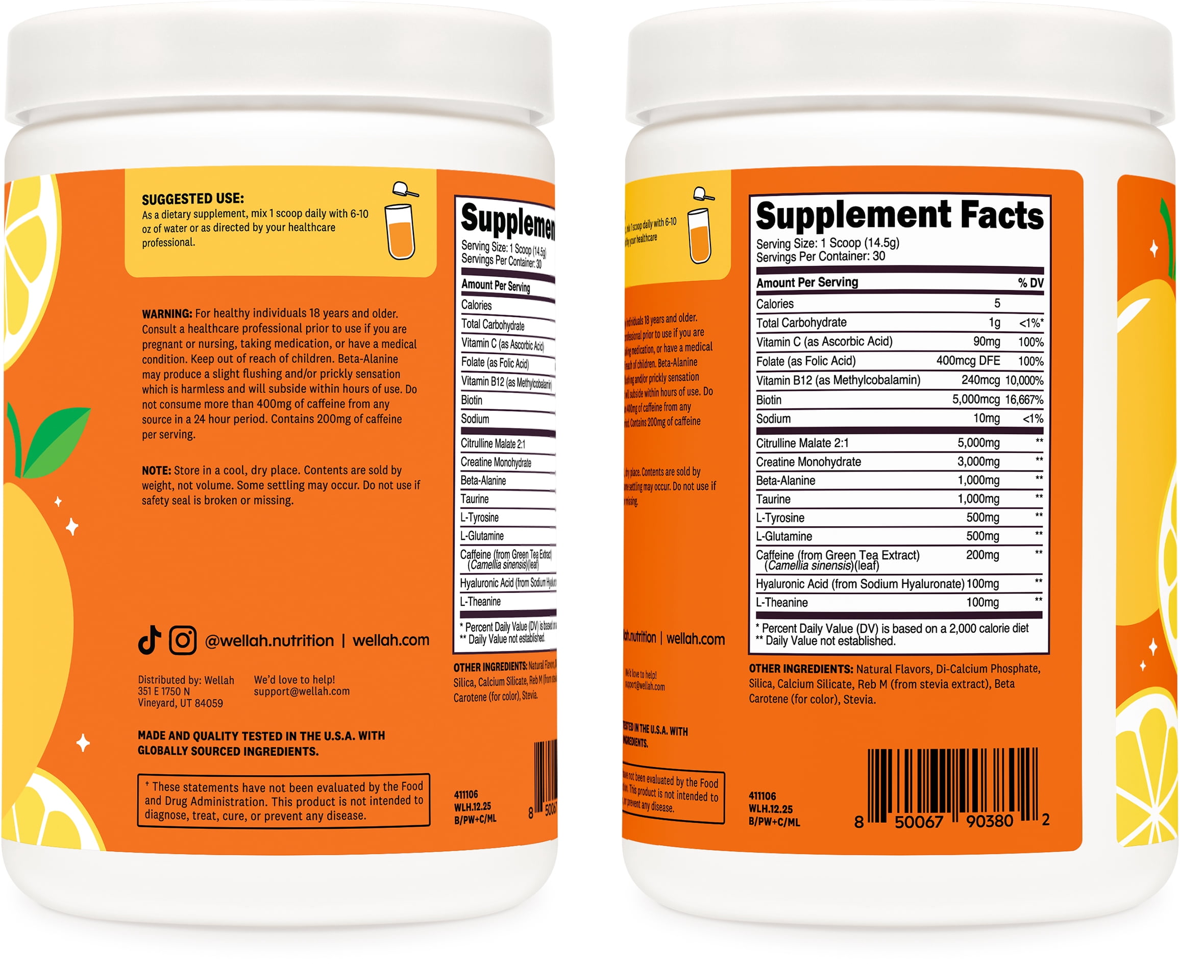 Wellah Pre-Workout + Creatine Powder (30 Servings) Mango Lemonade - 200mg Caffeine, 3g Creatine Monohydrate, 5g Citrulline Malate, Pre-Workout with Creatine Supplement