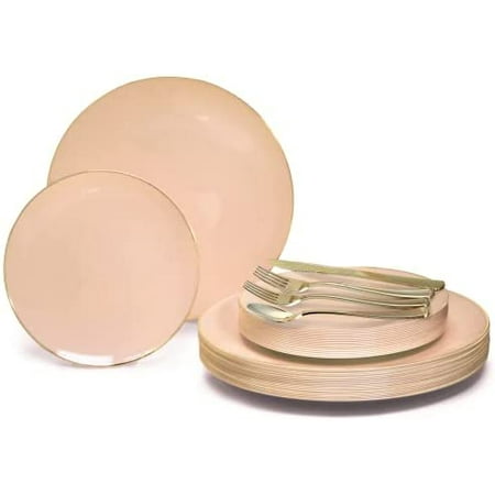 

OCCASIONS 150 Piece Set (25 Guests)-Wedding Plastic Plates & Cutlery -Disposable Dinnerware 10.25 7.5 Silverware W/Double Fork (Bali In Blush & Gold)