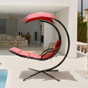 Flamaker Patio Hammock Lounge Chair Hanging Chaise Lounger Chair Hammock Stand Outdoor Chair Floating Chaise Swing Chair with Canopy (Red-Orange)