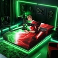 thumbnail image 4 of meiyoeat Neon Lightning Gaming Twin Sheet Sets for Boys Girls, Electric Gamer Bedding, Green Red, 3-Piece, 1 Flat Sheet, 1 Fitted Sheet and 1 Pillowcase, 4 of 6