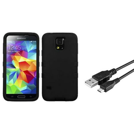 Insten Rubberized Black/Black TUFF Hybrid Hard Shockproof Case For SAMSUNG Galaxy S5 (Bundle with USB (Best Galaxy S5 Case)