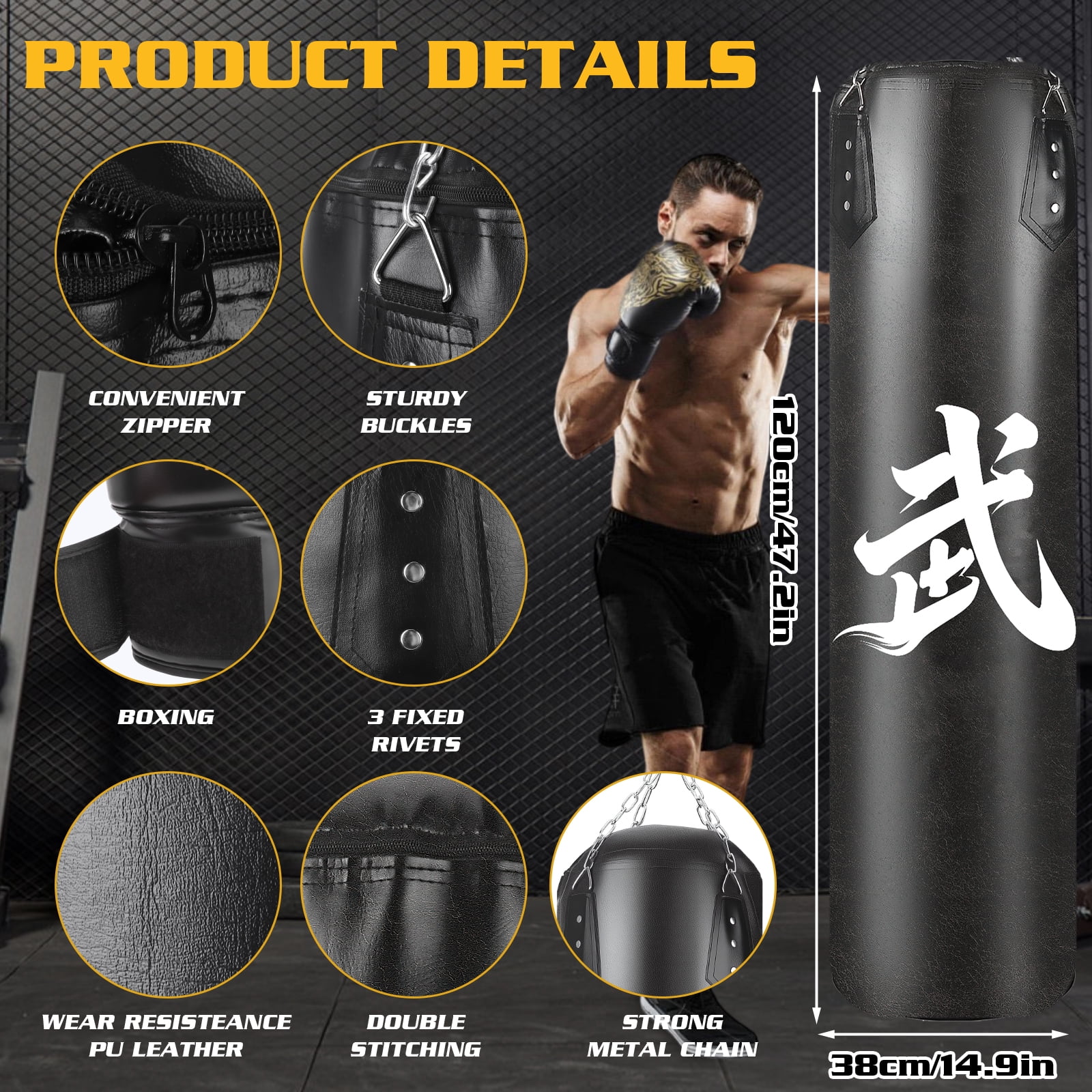 AMTPM Punching Bag for Adults, 4ft PU Leather Heavy Boxing Bag Set with 12oz Boxing Gloves, MMA Karate Kickboxing Boxing Home Gym Martial Art - Unfilled