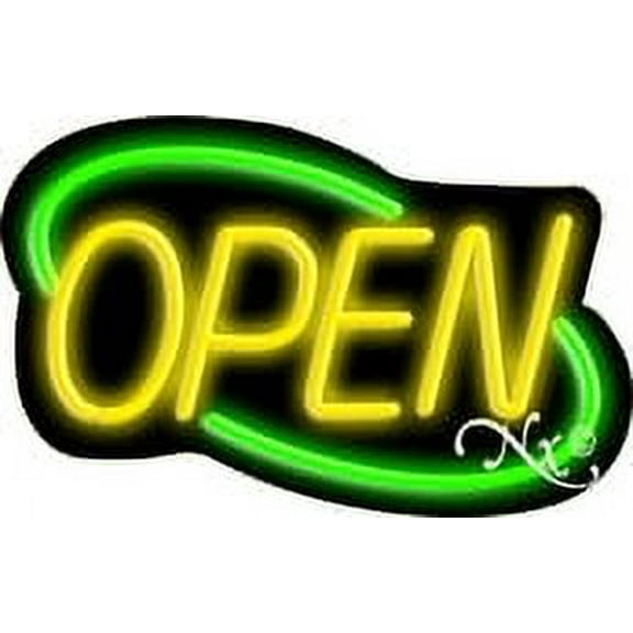 Deco Style Yellow Open With Green Border LED Neon Sign 14" Tall x 22" Wide, Black Square Cut Acrylic Backing, with Dimmer - Bright and Premium built indoor LED Neon Sign for storefront.