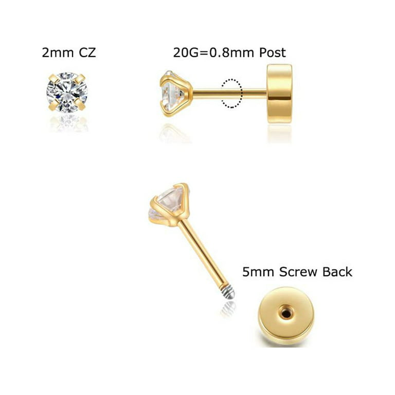  3mm Tiny CZ Screw on Flat Back Stud Earrings,14K Gold Flat Back  Cubic Zirconia Earrings for Helix Cartilage Tragus Earlobe Piercing Jewelry  Gift for Women Girls Toddlers(3mm CZ, Gold) : Handmade