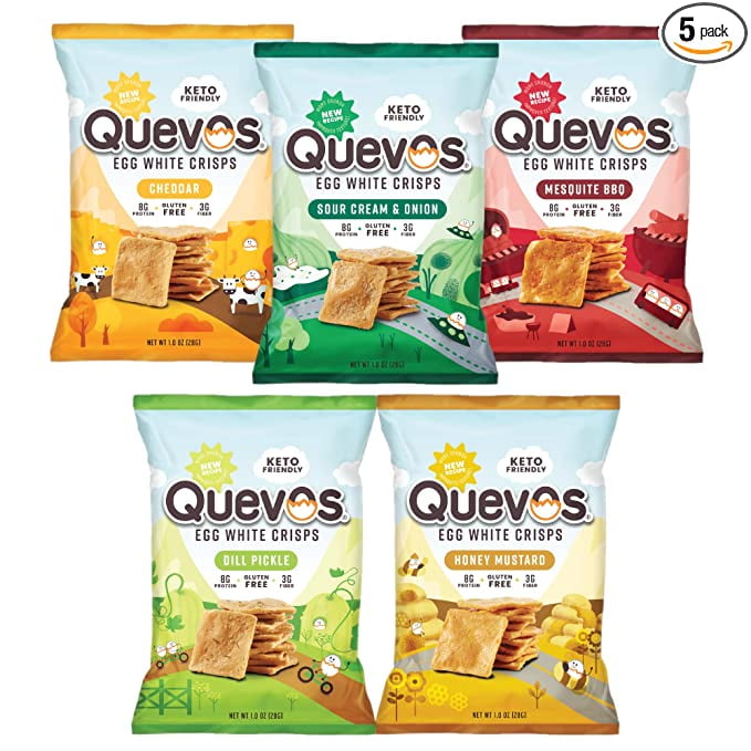 Quevos Egg White Chips - The Original Low Carb Egg Crisps, Crunchy Flavorful Protein & High Fiber Snacks, Keto Snacks, Diabetic & Atkins Friendly, Gluten Free, Protein Crisp, Low Carb Chips - Variety