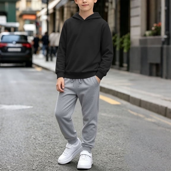 Cethrio Boys Athletic Outfit Sets, Sports Casual 2 Piece Long Sleeve Boys' Activewear Black Size 10-12