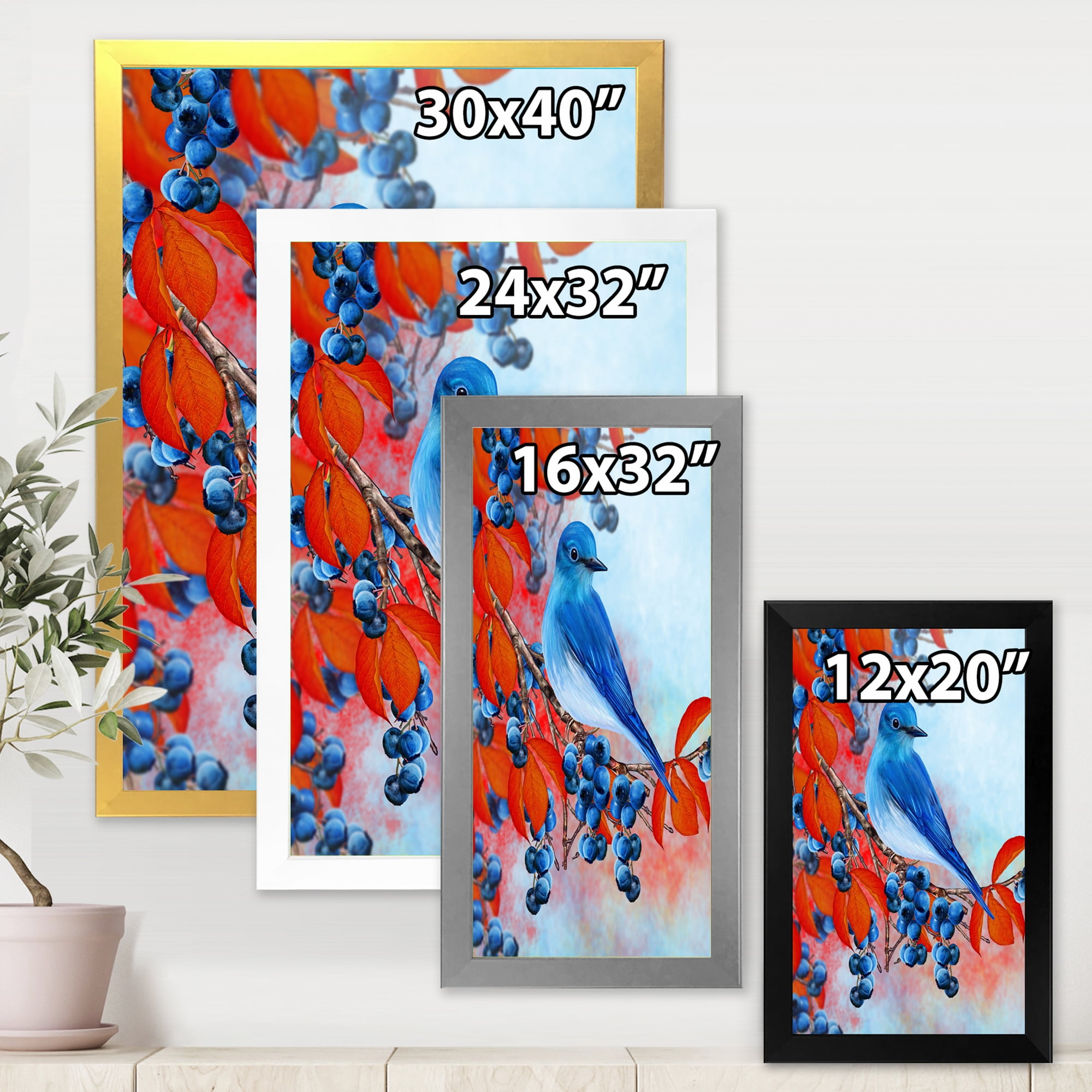 Designart 'Bright Bird Bullfinch Sitting On A Branch of Berries III' Traditional Framed Art Print
