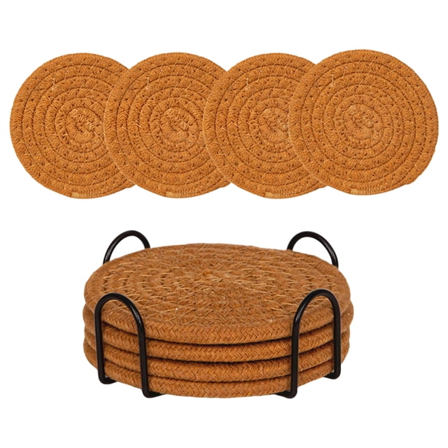 4Pcs Coaster With Metal Holder, Solid Woven Coaster, Drink Coasters With Holder, Cotton Woven Absorbent Coasters for Drinks, Minimalist Home Decor Coaster Set for Wooden Tabletop Protection Table, M