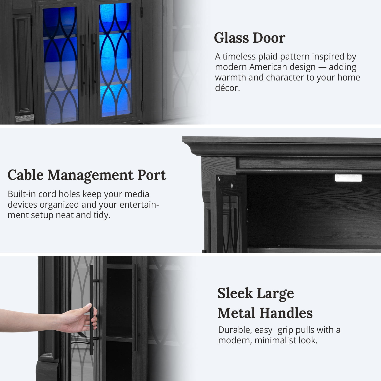 LGHM 104" TV Stand with 30" Electric Fireplace & Charging Station & LED Lights, Large Farmhous Entertainment Center with Storage Cabinet, Media Console for Living Room, Black