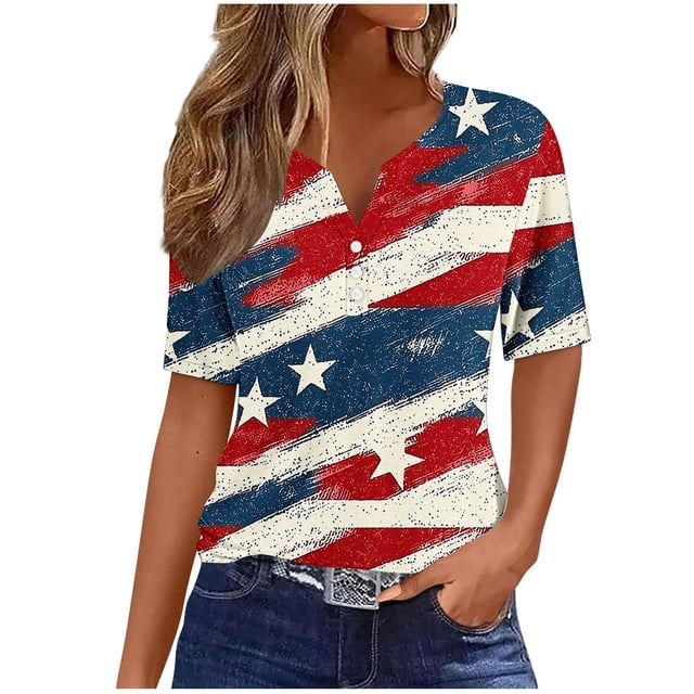 Tops de Manga Corta de Algodón para las Mujeres Impreso Cuello Redondo Blusa Imitación Estante de Algodón, Moda Casual Top para el Hogar Diario Y el Trabajo