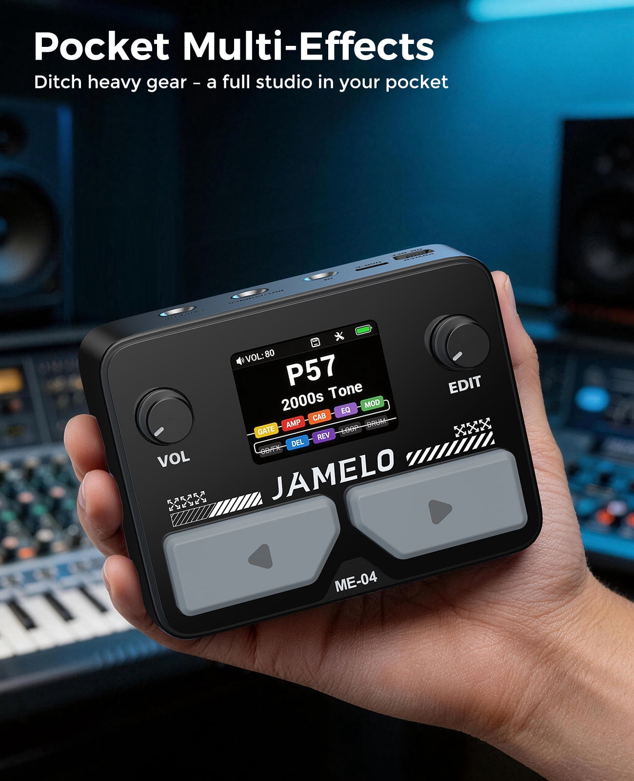 JAMELO Portable Pocket Multi Effects Pedal, 100+ Built-in Guitar/Bass/Acoustic Effects, Amp Modeling, IR Cabinets Simulation, Stereo OTG USB Audio Interface, Rechargeable Guitar Pedal
