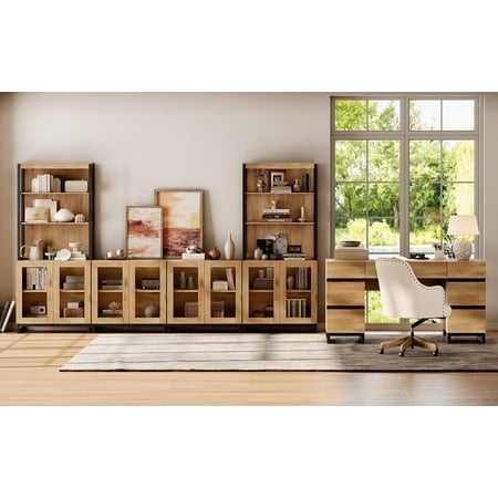 WAMPAT Home Office Set: 59 Modern Desk with Charging Station and Storage Cabinet Two 72 Tall Bookcases With 3 Tiers And 4 Cabinets Wood Computer Desk and Storage Cabinet for Work Study Oak