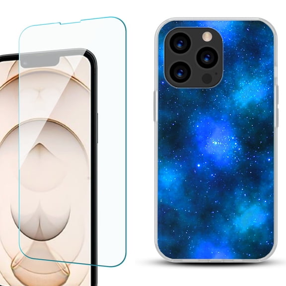 Slim-Fit Anti-Scratch Gel TPU Phone Case for iPhone 13 Pro, with Tempered Glass Screen Protector, by OneToughShield ® - Cosmos/Stars