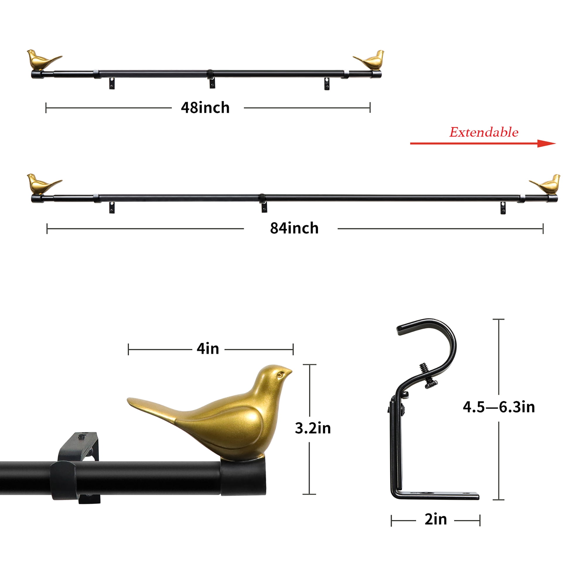 MERIVILLE 3/4" Diameter Farmhouse Single Window Treatment Curtain Rod, Gold Bird Finials, 48"-84", Black Rod