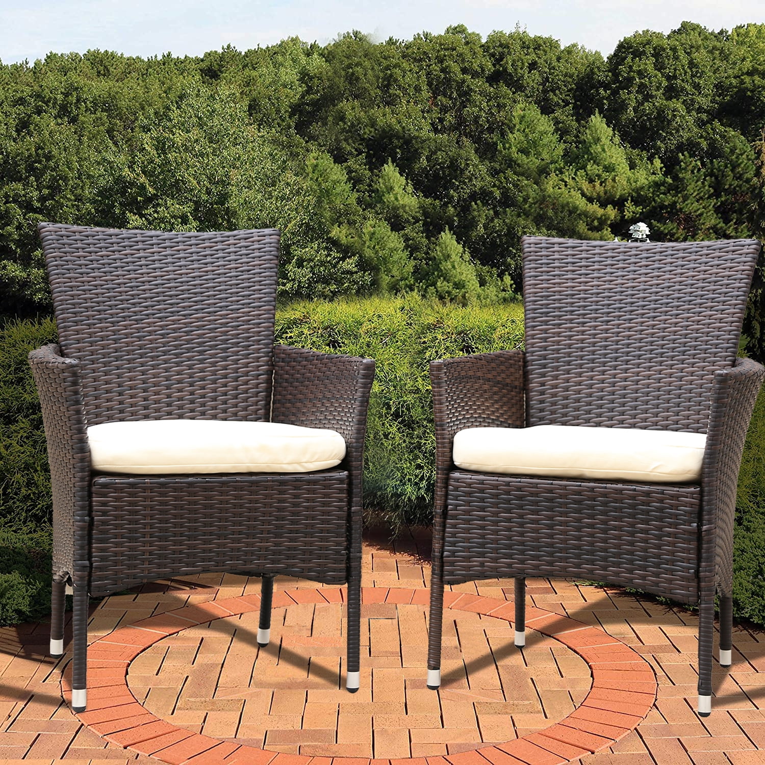 Outdoor Brown Wicker Dining Chair with Beige Cushion Set of 2 