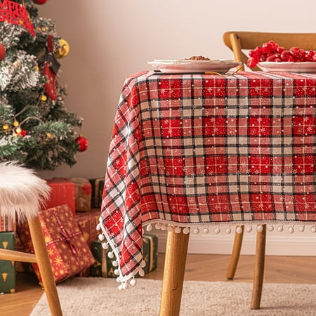 

XmhyTop Transform Your Holiday Table with Our Christmas Plaid Tablecloth – Perfect Rectangle Table Cover for Christmas Party Decoration-Red and white cross grid small snowflake ball-SIZE A:23*23inch