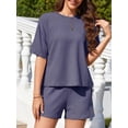 thumbnail image 2 of ValueVibe 2 Piece Lounge Sets for Women Short Sleeve Shorts Outfit Sets Crew Neck Casual Ribbed Pajama Sets with Pockets, Navy L, 2 of 8
