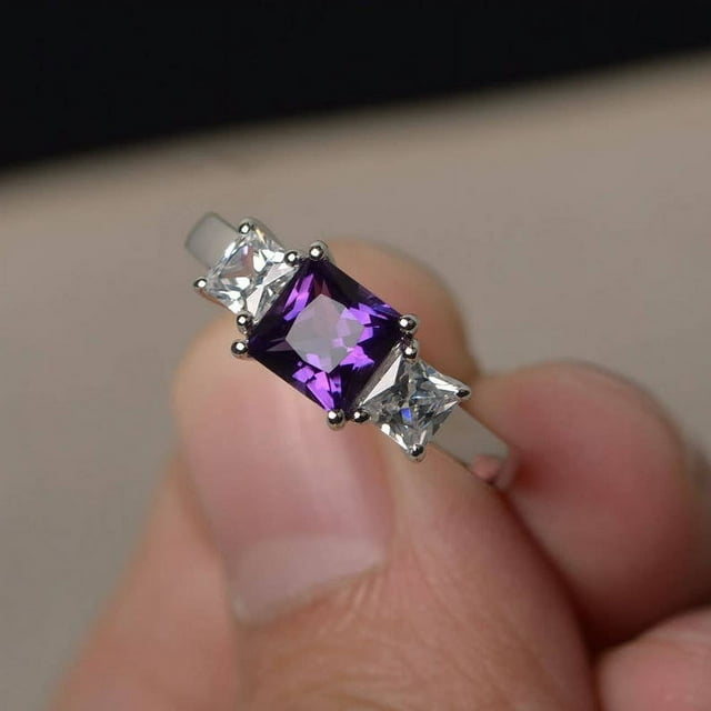 Natural Amethyst Rings Princess Cut Purple Gemstone Rings February Birthstone 925 Silver Rings Vintage Ring