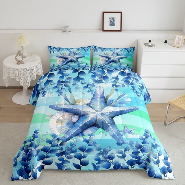 Erosebridal Child Starfish Bedding Full Comforter Set, Marine Seashell Down Comforter, Striped Decoration, Reversible 3 Pieces