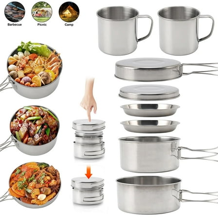 Backpacking Camping Cookware 8PCS Stainless Steel Mini Picnic Cooking Mess Kit Pot and Pan Set with Plates Cups for Outdoor Camping Hiking