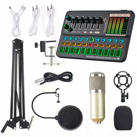 Multifunctional Live SK500 Sound Card and BM800 Suspension Microphone Kit Broadcasting Recording Condenser Microphone Set Intelligent Voice Changer Device Audio Mixer for Computers and Mobil