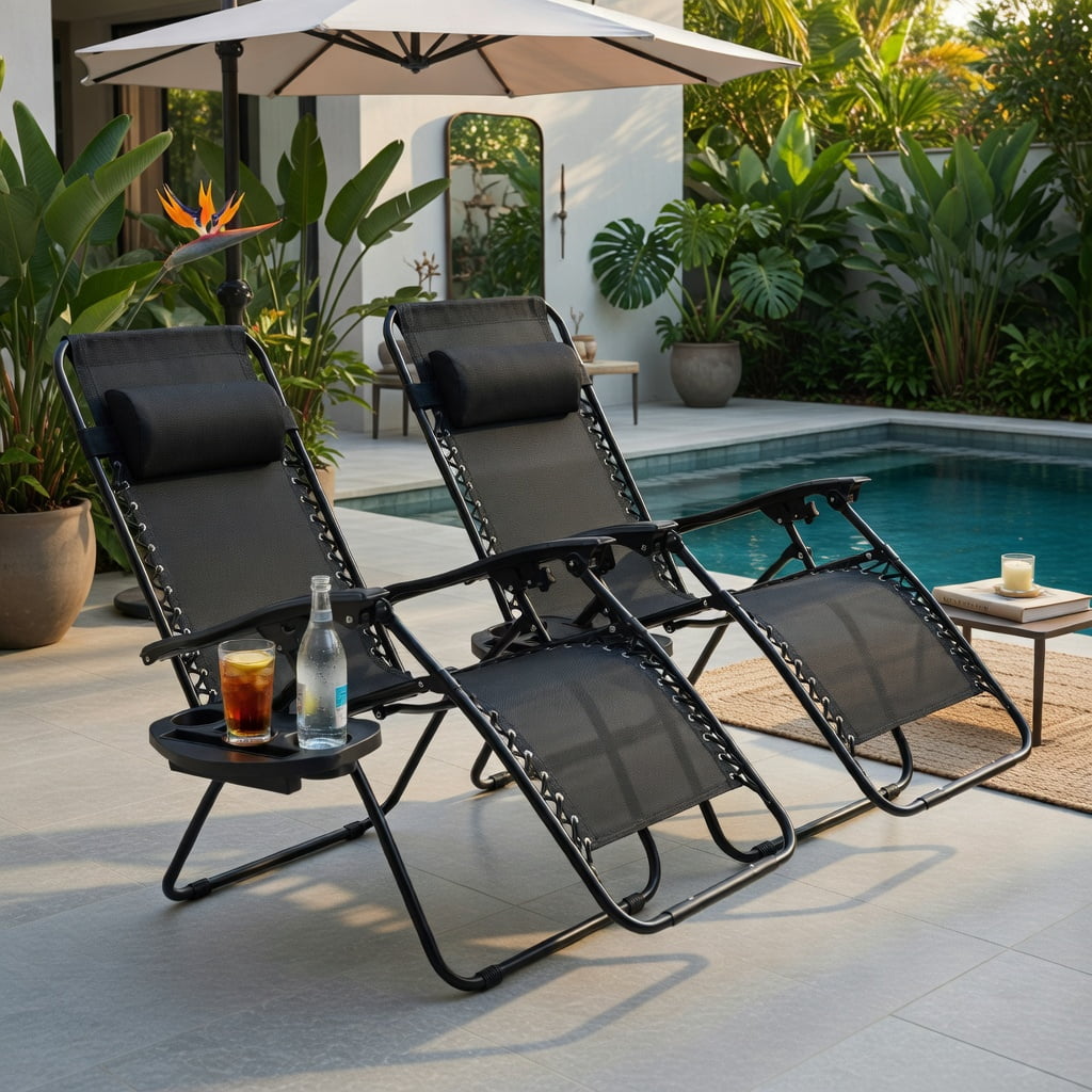 Hommoo 2-Pack Zero Gravity Folding Recliner Lounge Chairs with Adjustable Headrest, Removable Tray & Breathable Waterproof Fabric, Black
