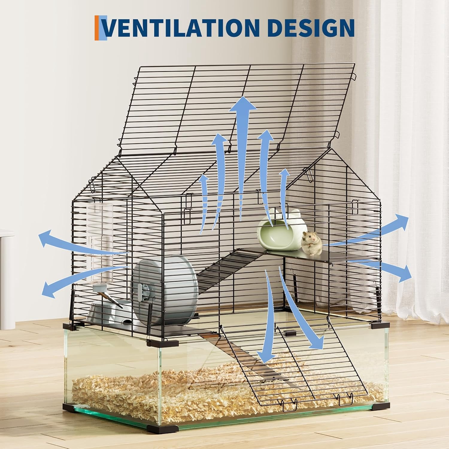 3-Tier Large Hamster Cage with 6mm Tempered Glass Base, Silent Running Wheel, Water Bottle & Food Bowl, Spacious Multi-Level Habitat for Syrian & Dwarf Hamsters, Gerbils, Mice, and Small Pets (22.
