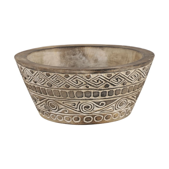 Decmode Large Round Decorative Hand-Carved Brown & White Wood Bowl w/ Tribal Design, 15.5” x 7”