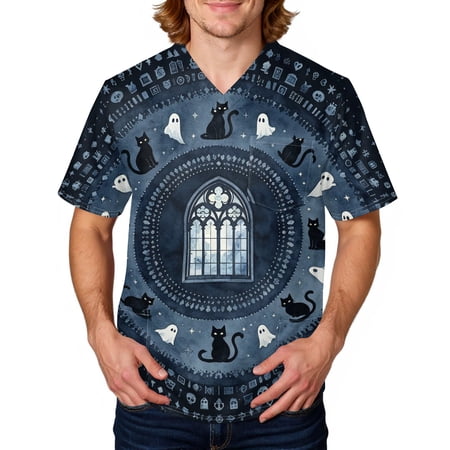Domuza Halloween Scrub Tops for Men Funny Spooky Graphics V-Neck Short Sleeve Work Uniform Shirts Comfy Soft Relaxed Fit Medical Scrub Tops 5XL