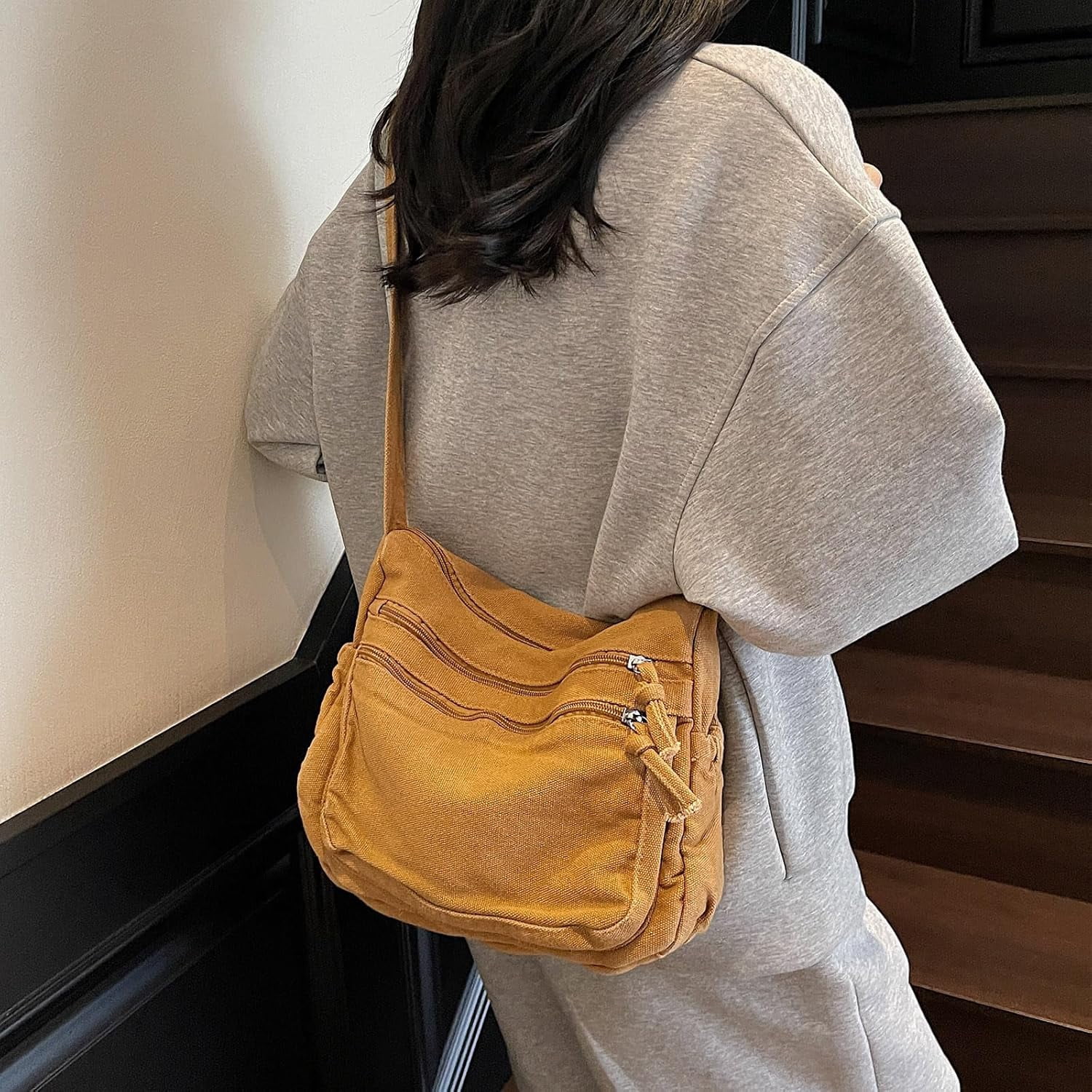 Canvas Crossbody Bags for Women Men Tote Shoulder Purses with Zipper Pockets Women's Messenger Handbags Purse