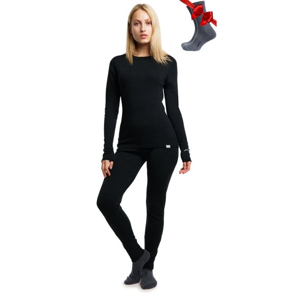 Merino.tech Women’s 100% 𝗠𝗲𝗿𝗶𝗻𝗼 𝗪𝗼𝗼𝗹 𝗕𝗮𝘀𝗲 𝗟𝗮𝘆𝗲𝗿 𝗦𝗲𝘁 Lightweight Thermal Top and Bottom with Hiking Socks and Beanie