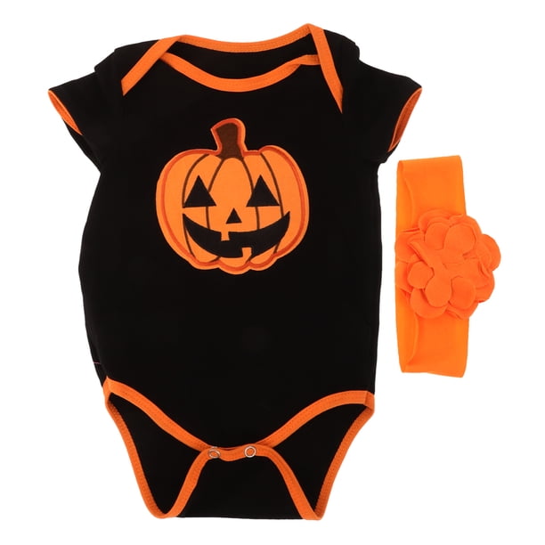 KAKOWELY Mono de disfraz de calabaza de Halloween para bebé recién nacido con diadema, traje de fiesta de otoño para bebé niña y niño, conjunto de mono naranja de manga corta para primer Halloween