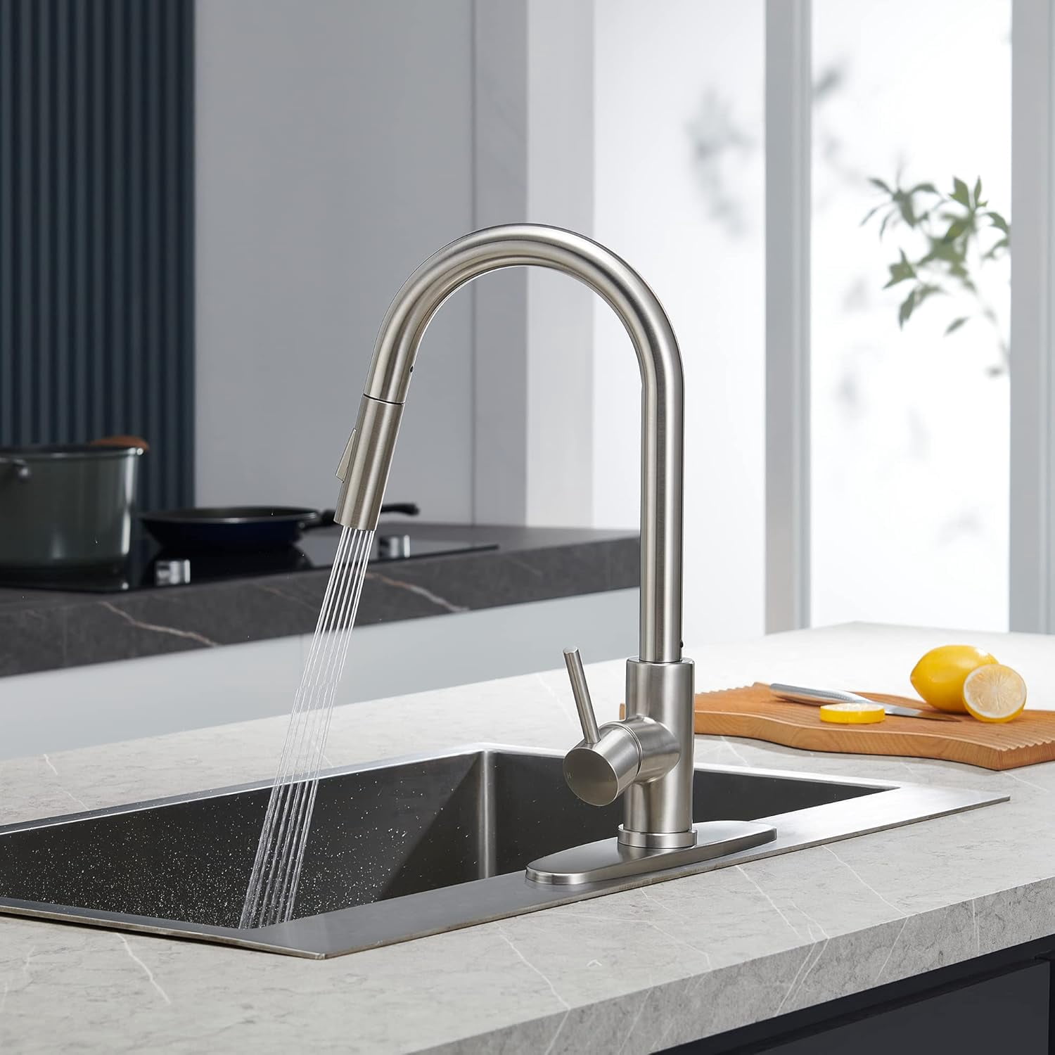 Zovajonia Modern Brushed Nickel Stainless Steel Kitchen Sink Faucets with Pull Down Sprayer, Single Handle，high arc，with 10 inch Deck Plate，1 or 3 Hole