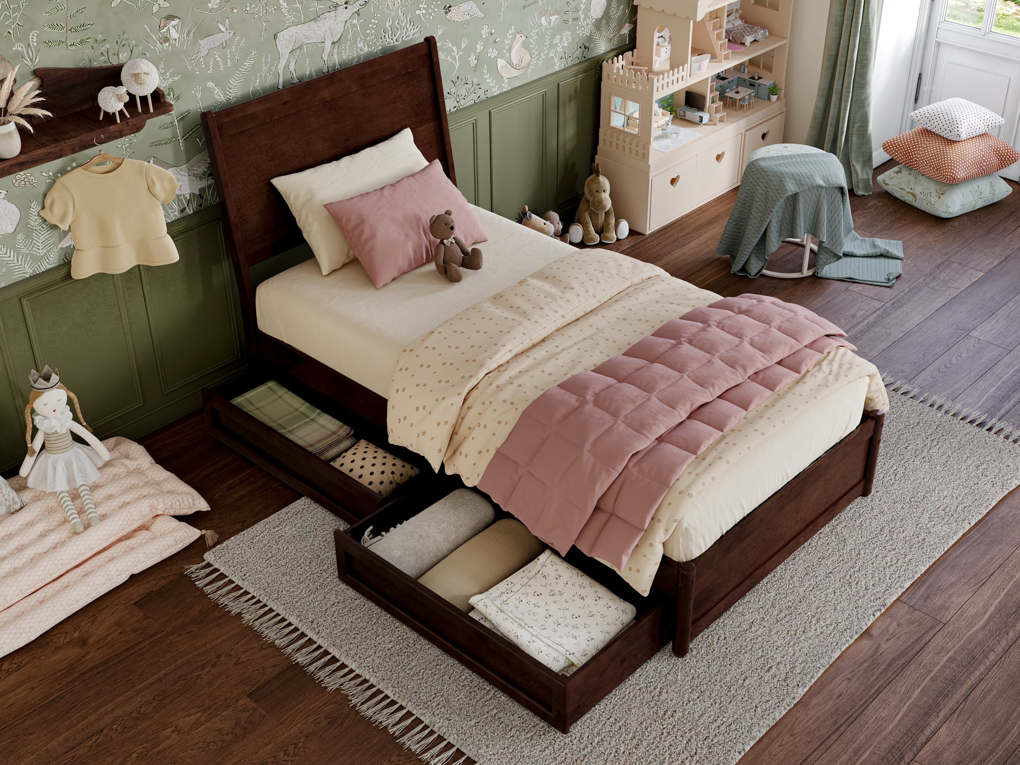 AFI Casanova Twin Solid Wood Platform Bed with Panel Footboard and Storage Drawers, Walnut