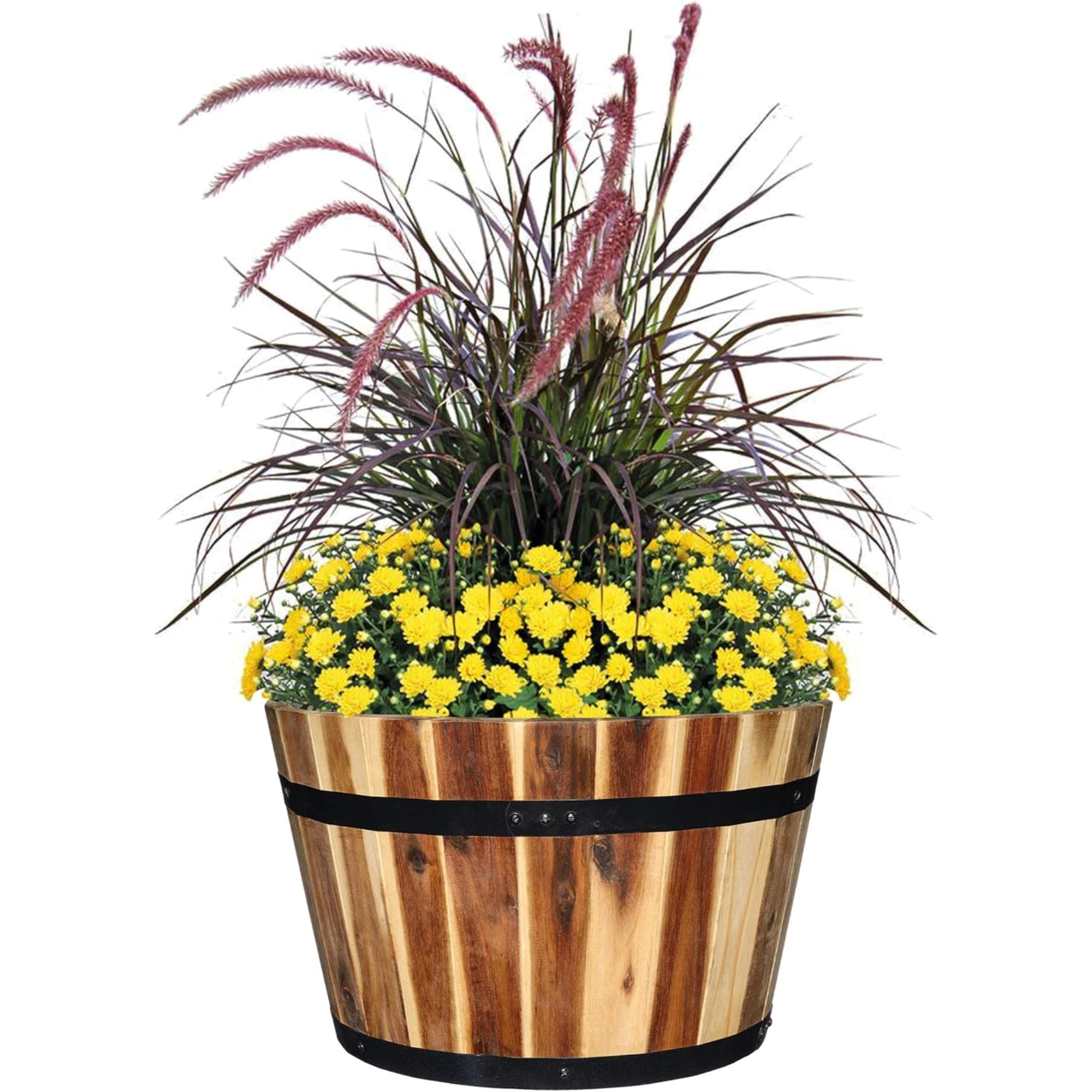 Classic Home and Garden Acacia Wood Whiskey Barrel Planter with Black Metal Band, 15.75in D x 9.5in H